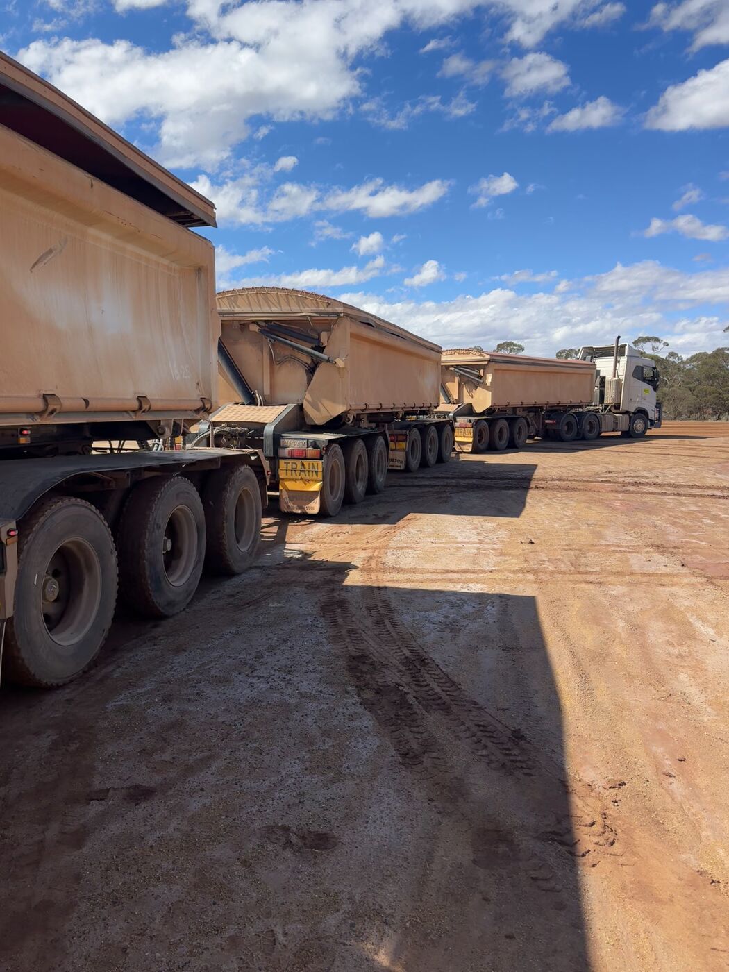 Line of loaded side tippers on a haul pad